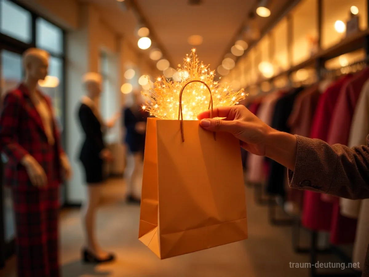 Traumsymbol Shopping: Hände greifen nach einer übervollen Einkaufstasche vor einem luxuriösen Warenangebot in einer Boutique, beleuchtet von warmem Licht.