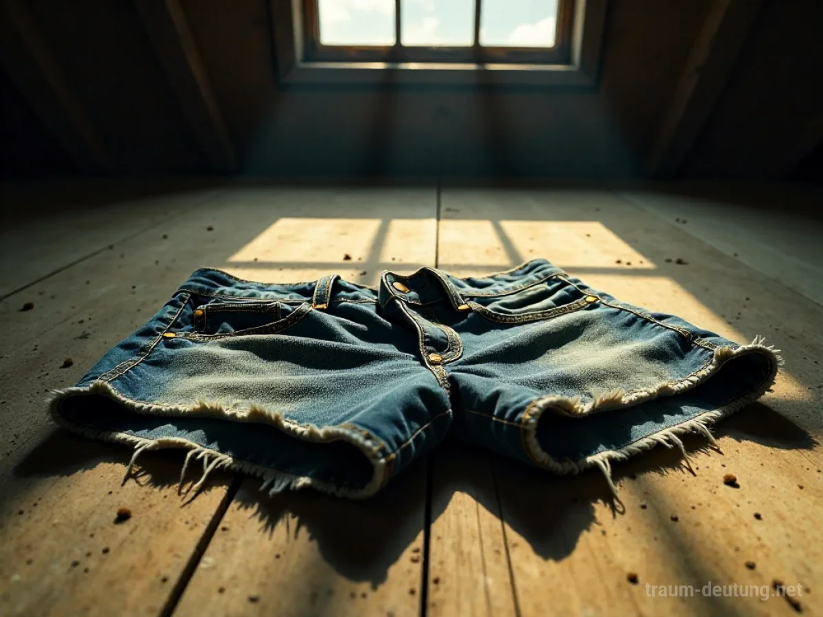 Traumdeutung Shorts: Eine abgetragene Jeans-Shorts liegt auf einem staubigen, sonnenbeschienenen Dachboden.