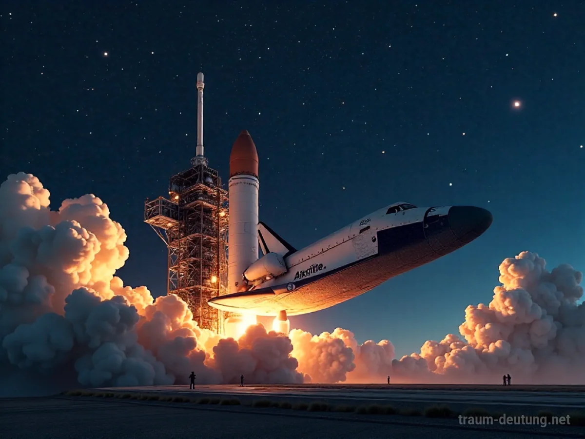 Traumsymbol Shuttle: Ein glänzender, futuristischer Space Shuttle steht auf einer Startrampe unter grellen Scheinwerfern, umgeben von Dampf und einem sternenklaren Nachthimmel.