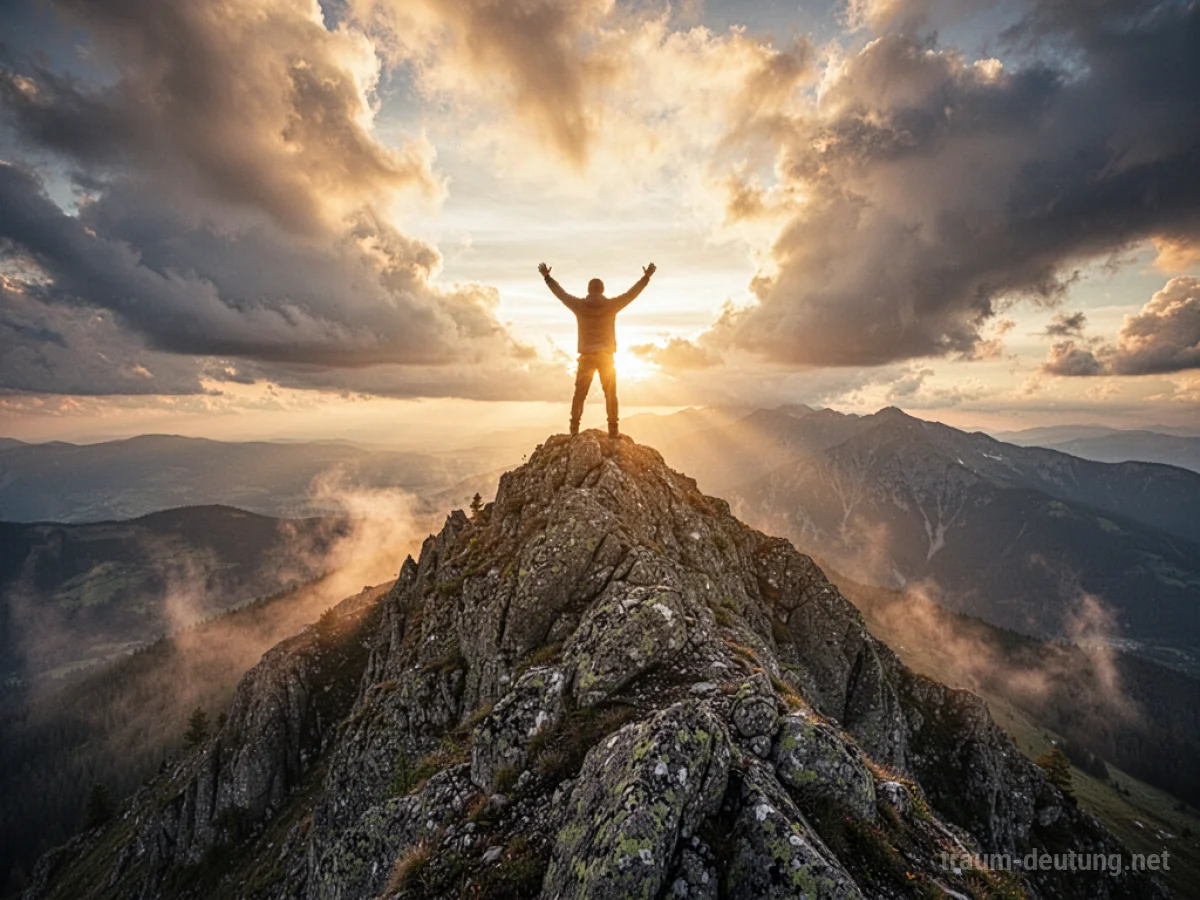 Traumsymbol Sieg: Eine Person steht triumphierend auf einem Berggipfel im goldenen Licht der Morgendämmerung, mit erhobenen Armen und Blick auf die weite Landschaft.