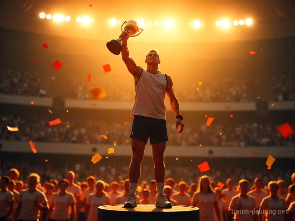 Traumsymbol Sieger: Ein strahlender Athlet steht auf einem Podium, hält eine Trophäe in die Höhe, umgeben von jubelnden Zuschauern und fallendem Konfetti.
