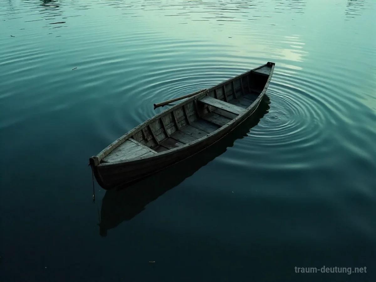 Traumsymbol Sinken: Ein altes Holzboot versinkt langsam in dunklem, trübem Wasser unter einem bedeckten Himmel.