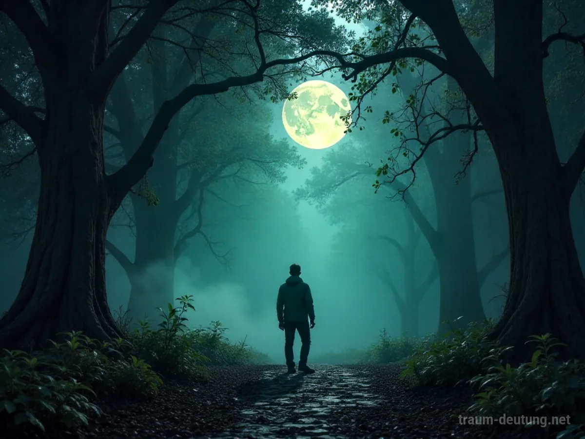 Traumsymbol Sinn: Eine einsame Figur steht an einer Weggabelung im Mondlicht eines geheimnisvollen Waldes, umgeben von leuchtenden Runen.