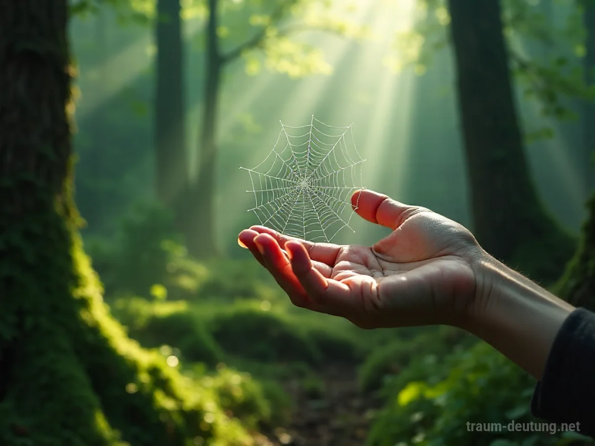 Traumsymbol Sinne: Eine menschliche Hand berührt zart ein taufeuchtes Spinnennetz in einem nebligen Wald, beleuchtet von gefiltertem Sonnenlicht.