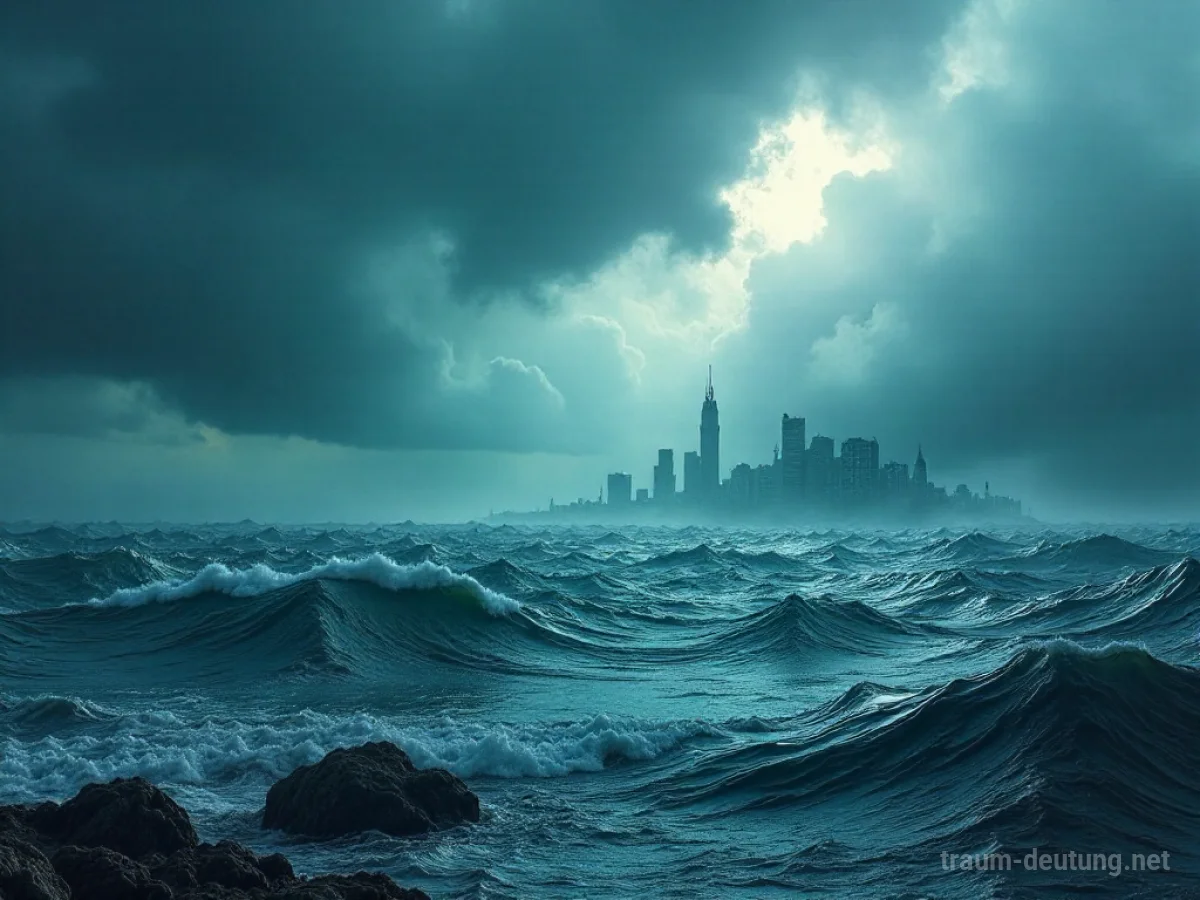 Traumsymbol Sintflut: Gigantische Wellen brechen über einer versunkenen Stadt unter einem dunklen, stürmischen Himmel, während Trümmer auf dem chaotischen Wasser treiben.
