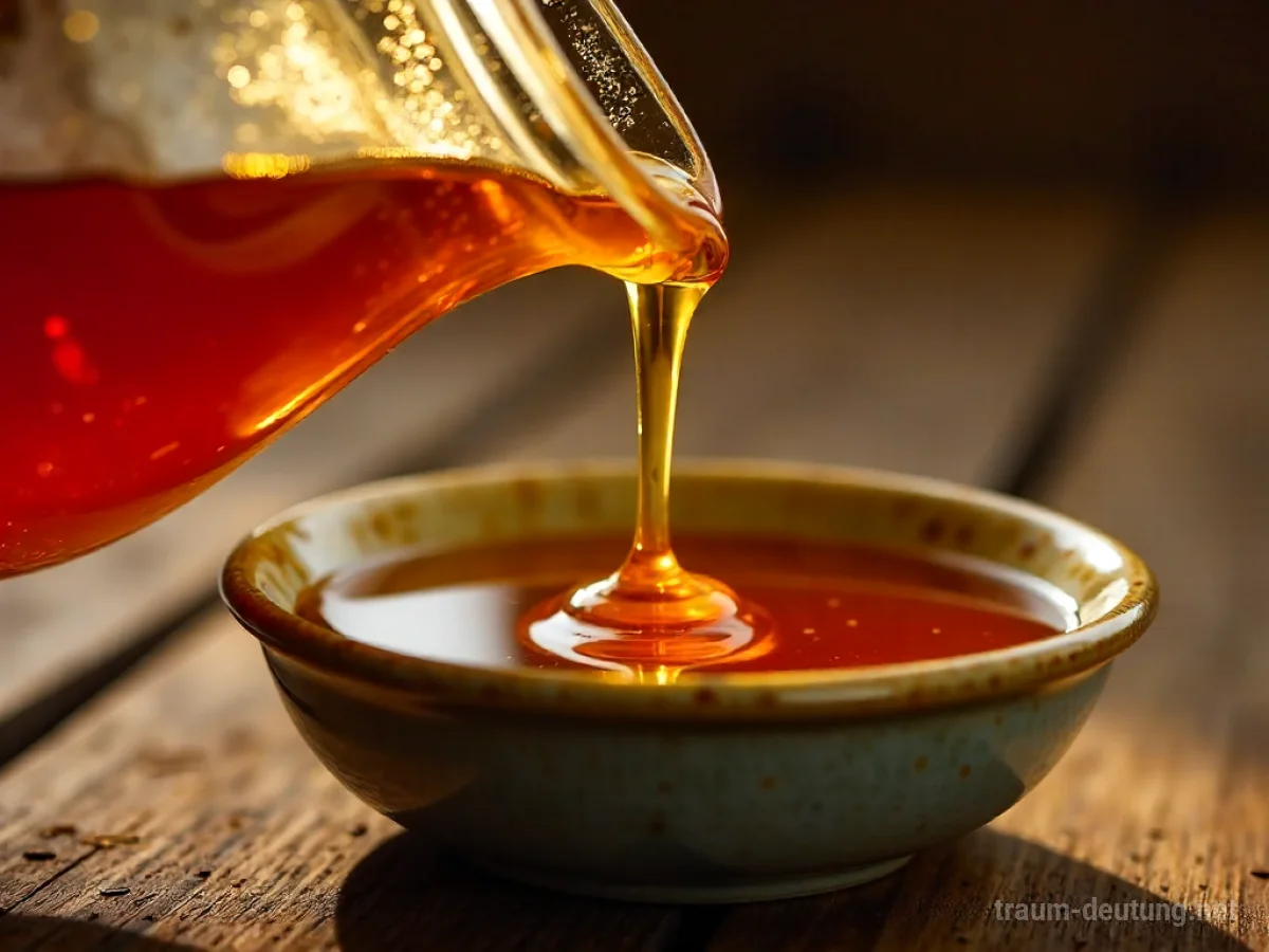 Traumsymbol Sirup: Dickflüssiger, bernsteinfarbener Ahornsirup fließt langsam aus einem alten Glasgefäß in eine Keramikschale, beleuchtet von warmem Licht.