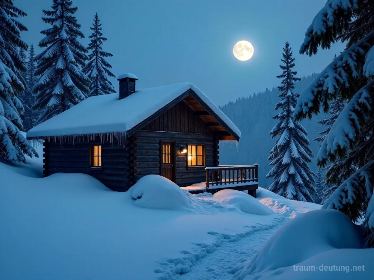 Traumsymbol Skihütte: Eine rustikale, schneebedeckte Holzhütte im Mondlicht eines stillen Alpenwaldes, mit warmem Licht aus einem Fenster und langen Schatten im Schnee.