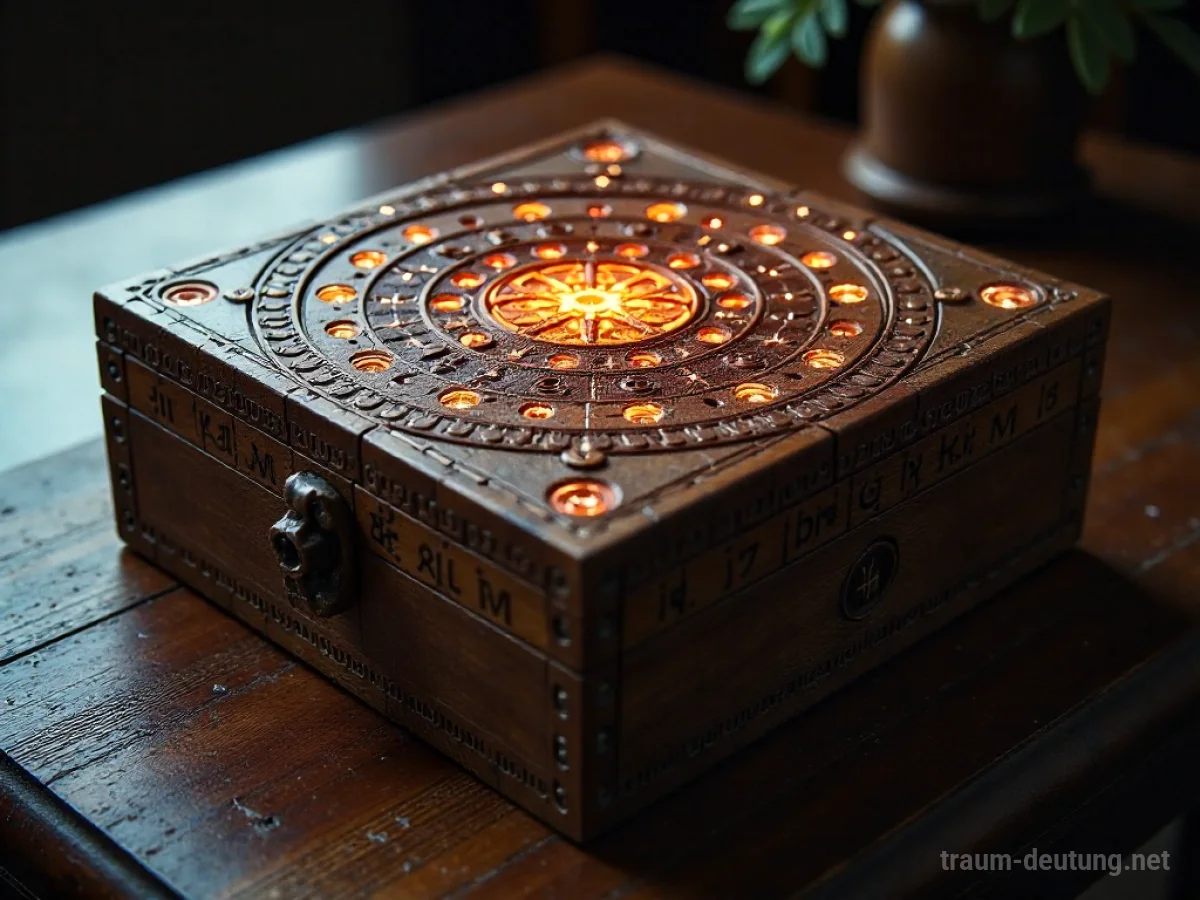 Traumdeutung Skill: Eine mysteriöse, kunstvoll geschnitzte Holzbox mit leuchtenden Runen, die auf einem dunklen Tisch ruht, symbolisiert verborgenes Wissen und erlernte Fähigkeiten.