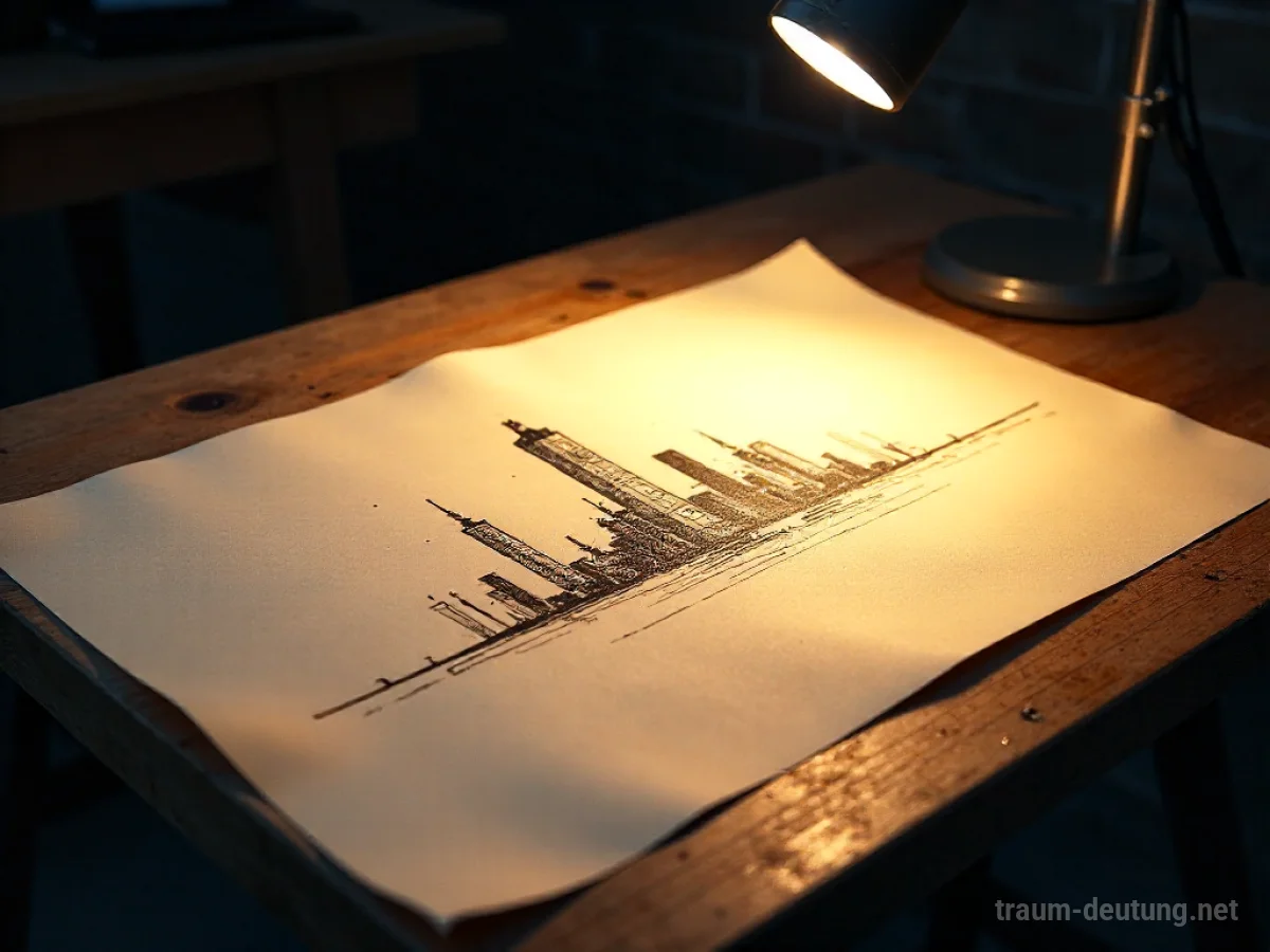 Traumdeutung Skizze: Eine detaillierte, fotorealistische Darstellung einer unvollendeten abstrakten Stadtlandschaft auf einem alten Holztisch, beleuchtet von einem Spotlicht.