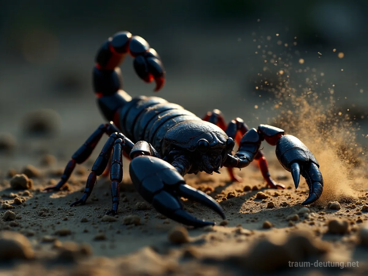 Traumsymbol Skorpion: Ein dunkler, bedrohlicher Skorpion auf rissiger Erde, dessen Schwanz mit Stachel erhoben ist, im schattigen Mondlicht.