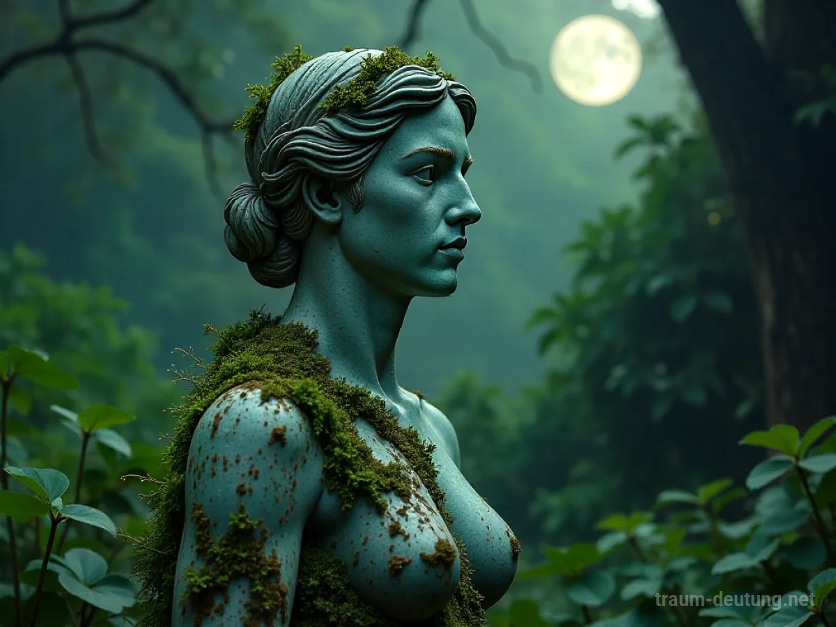Traumsymbol Skulptur: Eine alte Marmorskulptur einer menschlichen Figur steht in einem mondbeschienenen, verwilderten Garten, bedeckt mit Moos und Tautropfen.
