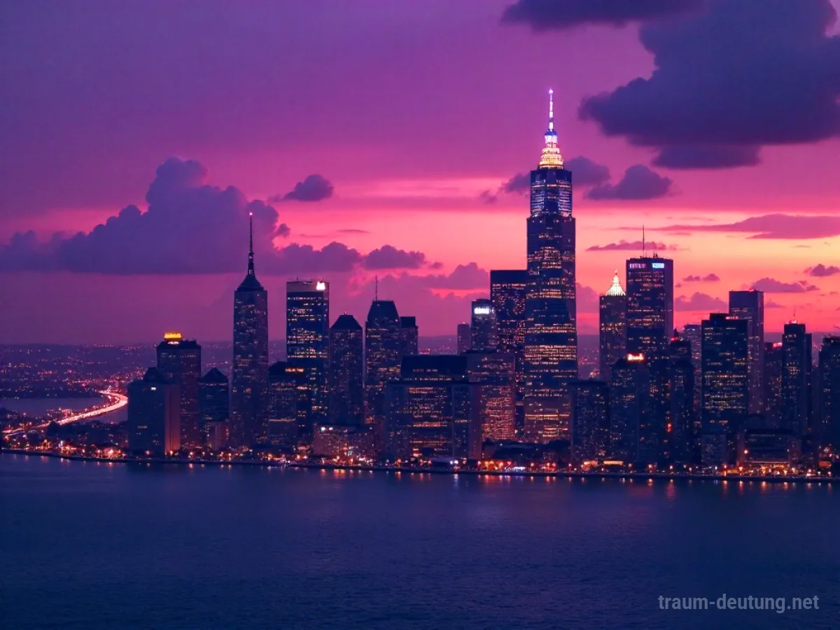 Traumsymbol Skyline: Eine weitläufige Stadtbild-Skyline im Zwielicht mit hoch aufragenden Wolkenkratzern, deren Fenster beleuchtet sind und die sich in einem ruhigen, dunklen Gewässer spiegeln.
