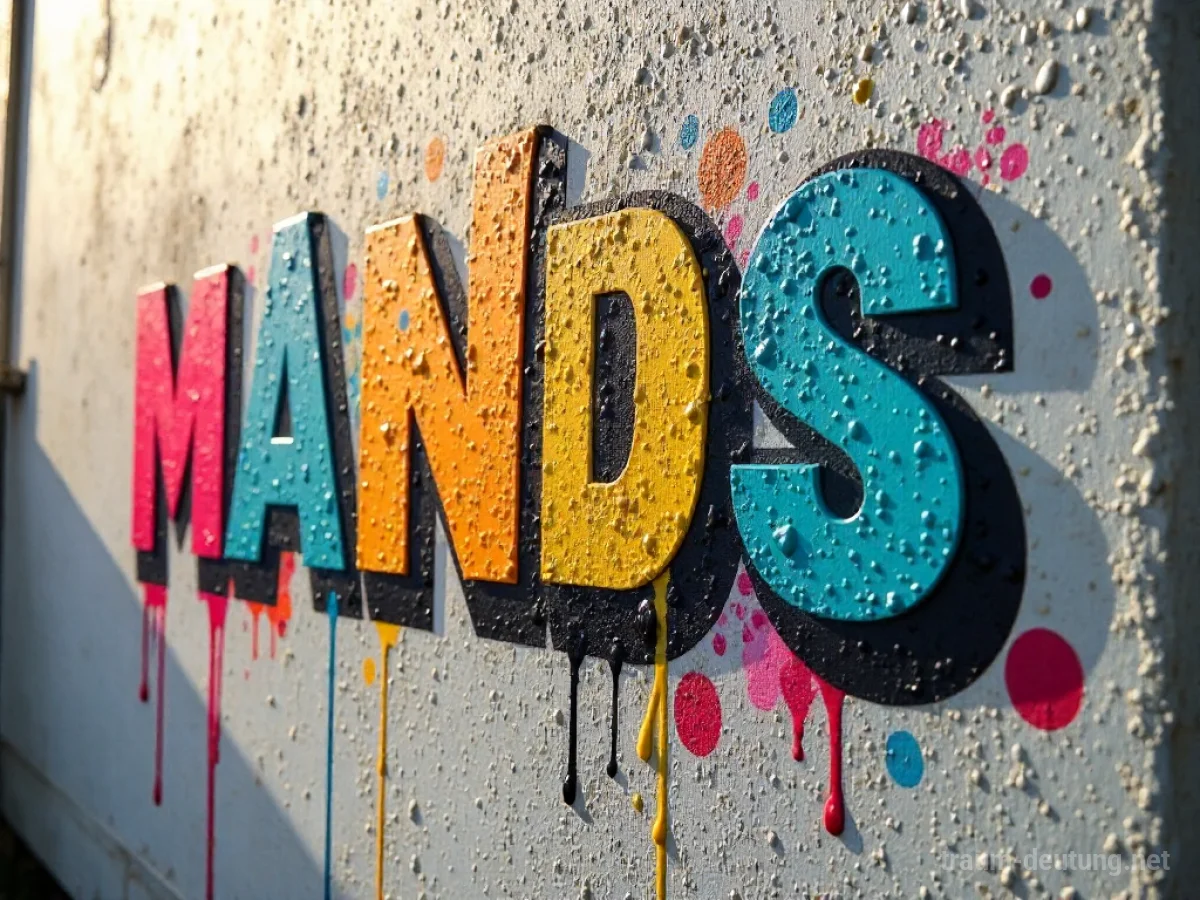 Traumsymbol Slang: Graffiti-Buchstaben und Symbole sind auf einer rauen Betonwand gemalt, mit leicht abtropfender Farbe und subtiler Beleuchtung.