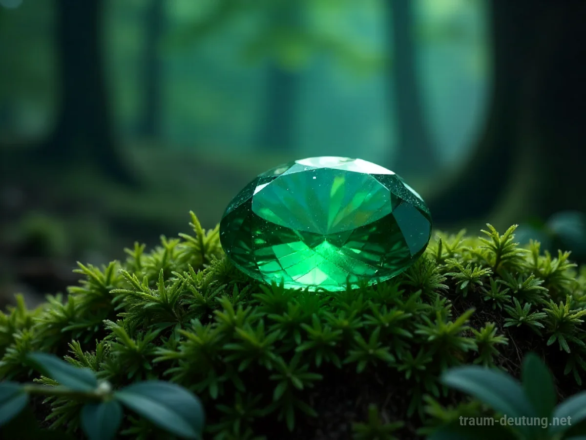 Traumsymbol Smaragd: Ein großer, perfekt geschliffener Smaragd liegt auf feuchtem Moos in einem mystischen Wald, beleuchtet von sanftem Mondlicht.