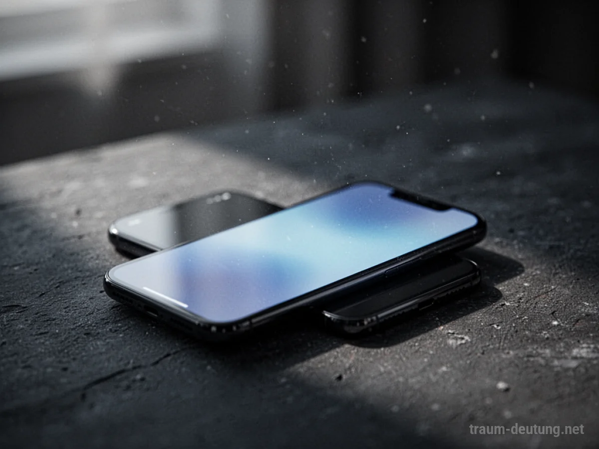 Traumsymbol Smartphone: Ein modernes Smartphone liegt auf einer dunklen Oberfläche, sein Bildschirm leuchtet blau im Dunkeln.