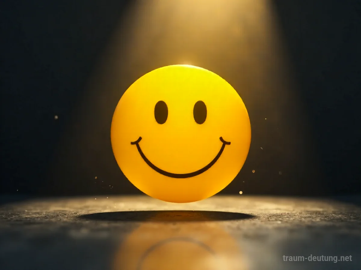 Traumsymbol Smiley: Ein leuchtend gelbes Smiley-Symbol schwebt in einem dunklen Raum, beleuchtet von einem warmen Licht von hinten.
