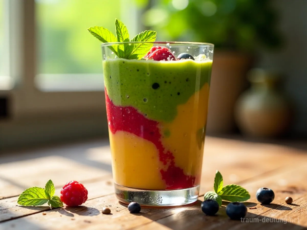 Traumsymbol Smoothie: Ein frisch gemixter, leuchtender Smoothie in einem Glas steht auf einem Holztisch im sanften Morgenlicht.