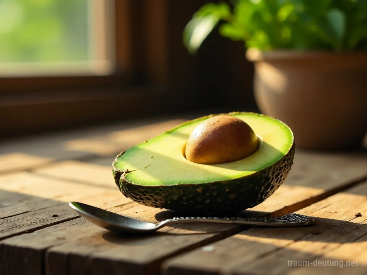 Traumsymbol Snack: Eine halbe Avocado mit einem Löffel liegt auf einem Holztisch im warmen Morgenlicht.