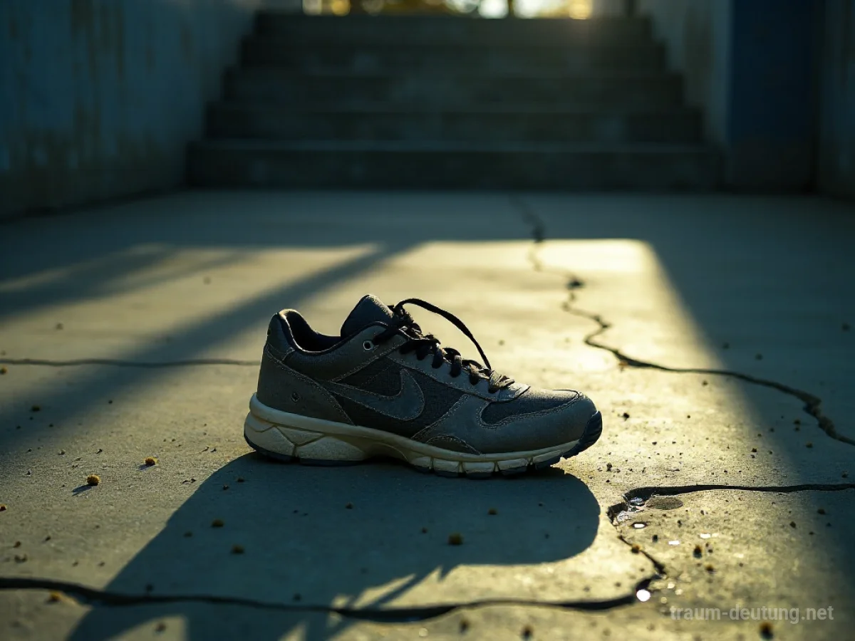 Traumsymbol Sneaker: Ein abgenutzter Vintage-Basketball-Sneaker liegt auf staubigem, rissigem Beton im schwachen Mondlicht.