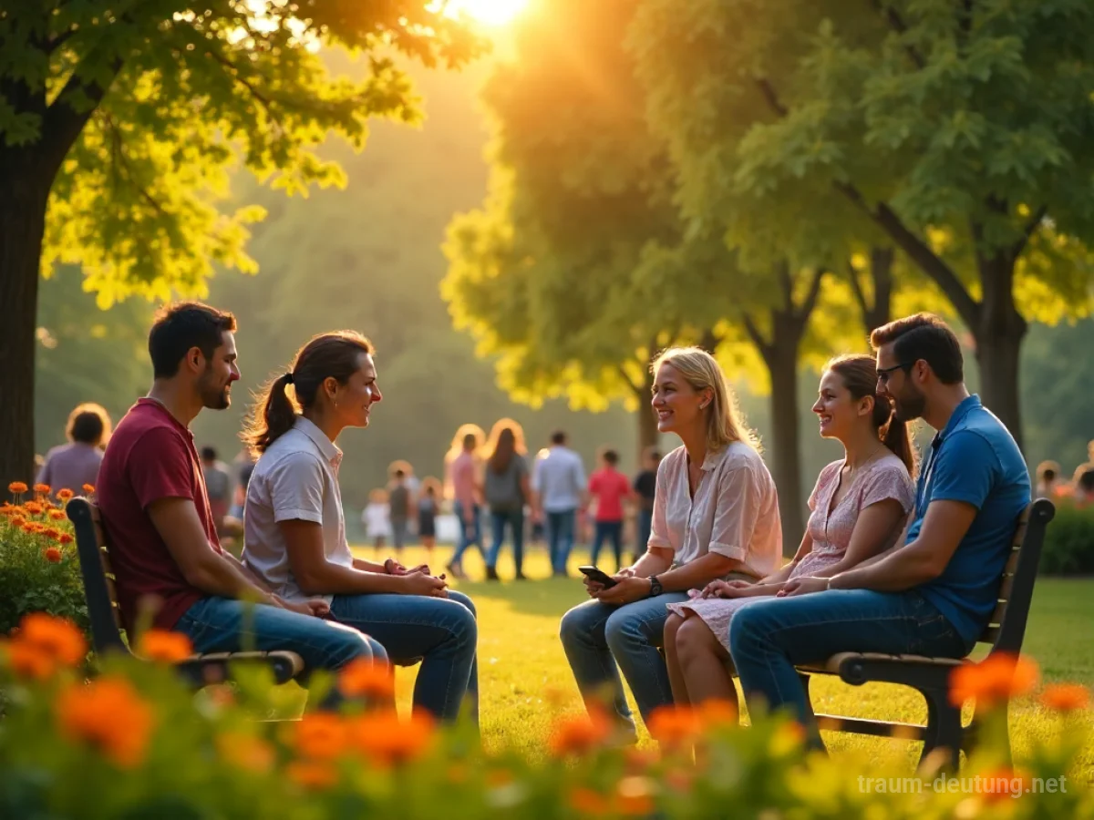 Traumdeutung Social: Eine vielfältige Gruppe von Menschen interagiert fröhlich in einem sonnenbeschienenen Park, was Gemeinschaft und Verbundenheit symbolisiert.