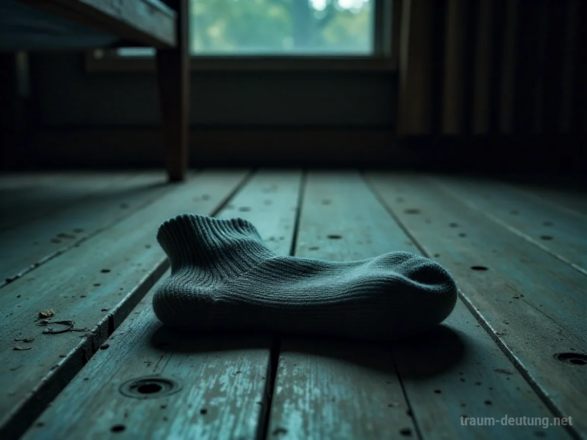 Traumsymbol Socke: Eine einzelne, abgetragene graue Wollsocke liegt auf einem staubigen Holzboden, beleuchtet von sanftem Mondlicht.