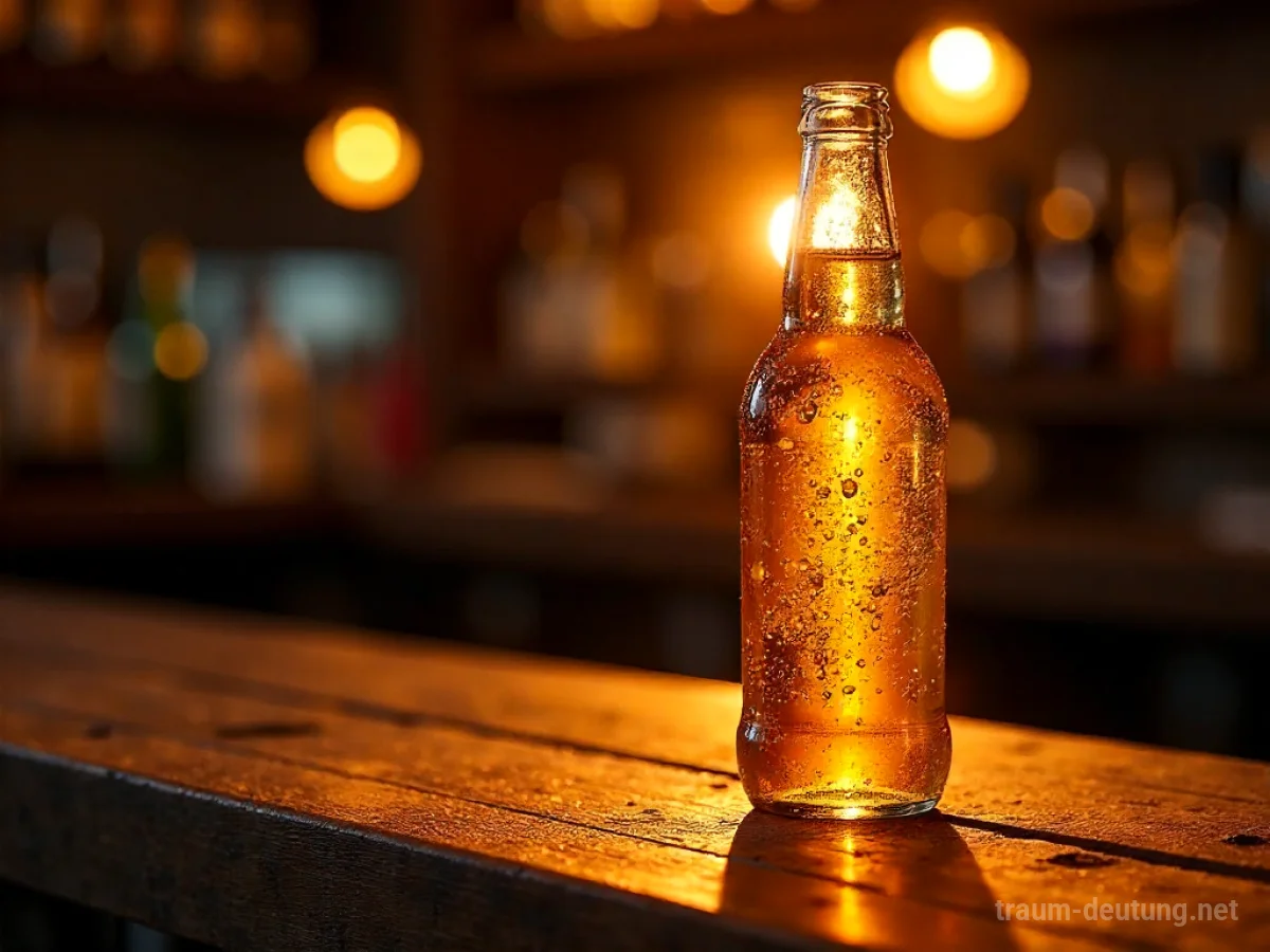 Traumdeutung Soda: Eine klare Glasflasche mit sprudelnder Limonade steht auf einer Holztheke, beleuchtet von warmem Sonnenlicht.