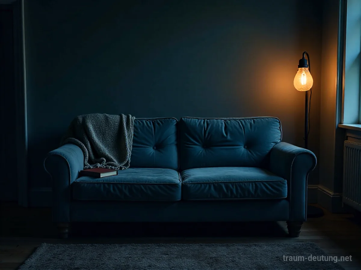 Traumdeutung Sofa: Ein abgenutztes, tiefblaues Samtsofa steht in einem schwach beleuchteten Wohnzimmer, umgeben von weichem Licht und tiefen Schatten.