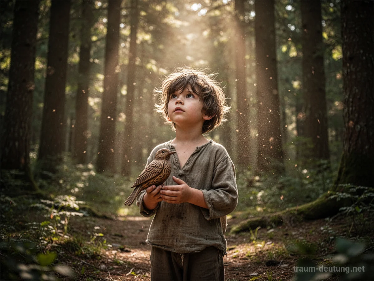 Traumsymbol Sohn: Ein Junge mit braunen Haaren steht in einem sonnenbeschienenen Wald und hält einen geschnitzten Vogel, während Sonnenstrahlen durch die Bäume fallen.