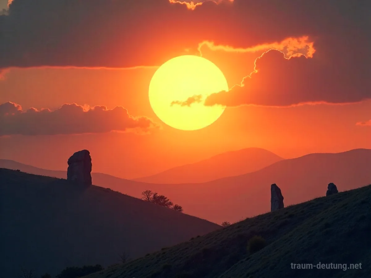 Traumsymbol Solar: Eine strahlende Sonne schwebt im Dämmerungshimmel und beleuchtet sanft eine friedliche Landschaft mit alten Monolithen.