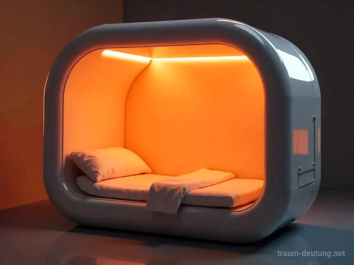 Traumsymbol Solarium: Eine futuristische, elegante Solariumkabine mit warmem, orangefarbenem Licht.