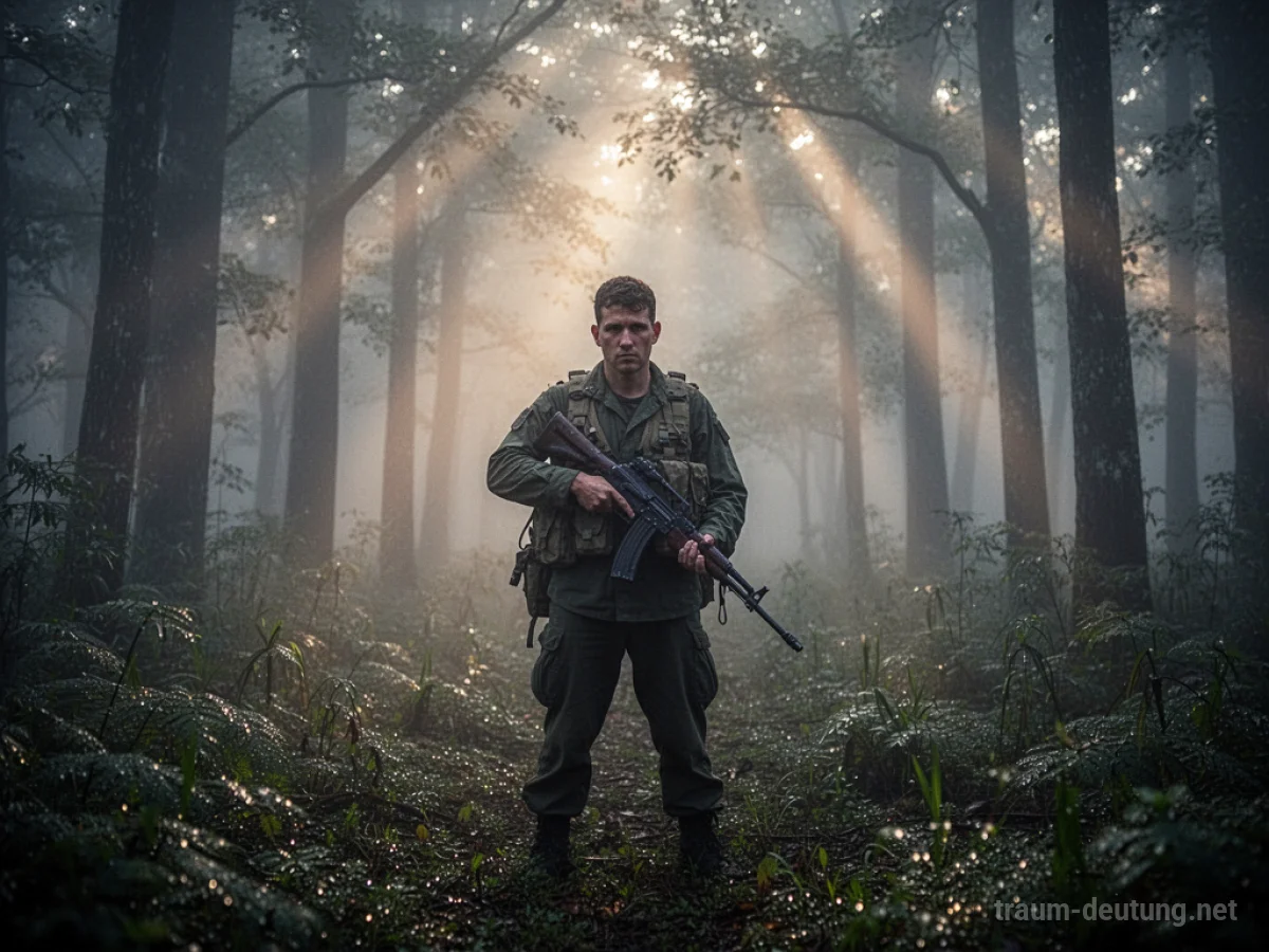 Traumdeutung Soldat: Ein einzelner Soldat in verwitterter Uniform steht im dichten Morgennebel eines Waldes, die Waffe haltend, mit nach vorne gerichtetem Blick.