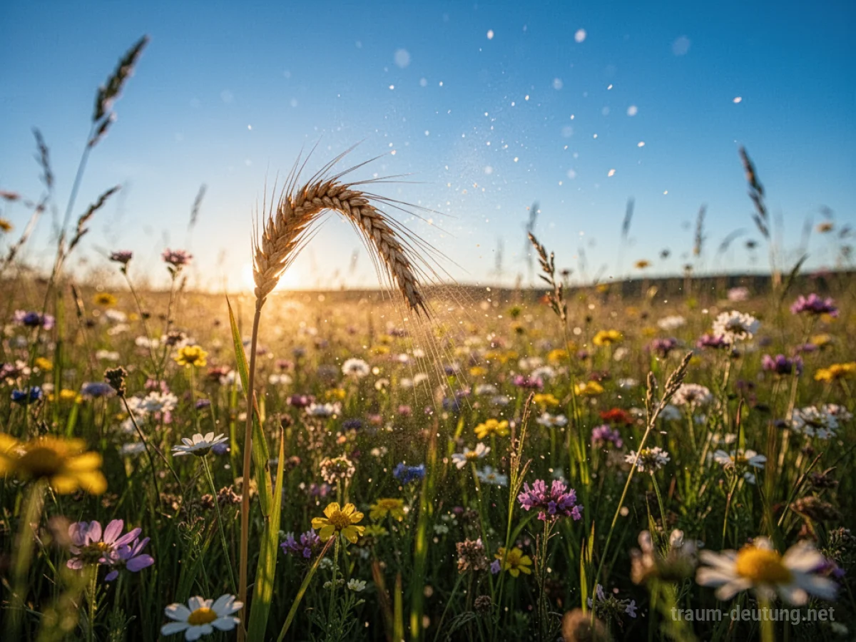 Traumsymbol Sommer: Eine sonnenverwöhnte Wiese voller blühender Wildblumen unter strahlend blauem Himmel, mit goldenem Licht und einer einzelnen, reifen Ähre im Vordergrund.