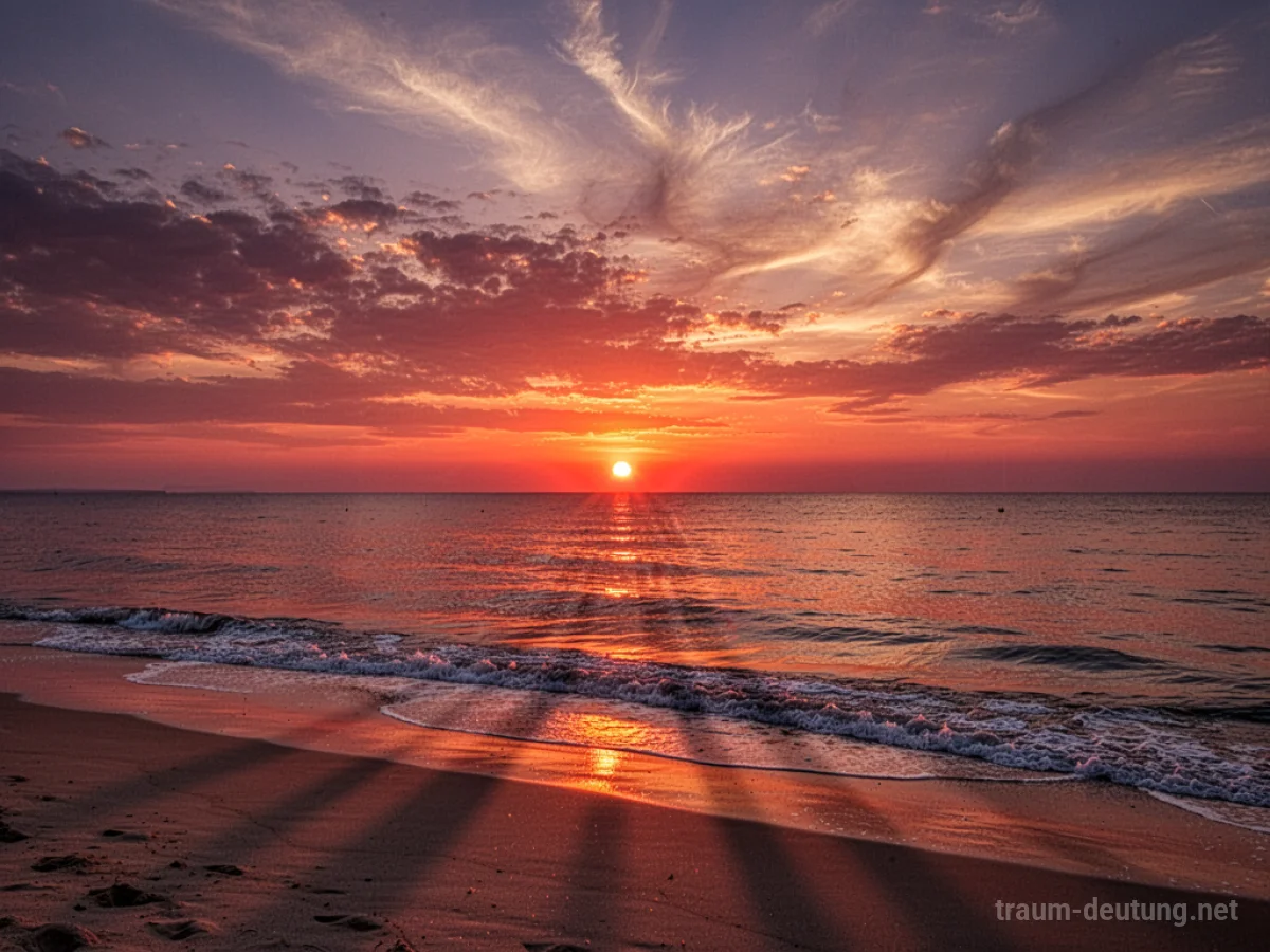 Traumsymbol Sonnenuntergang: Ein feuriger Sonnenball versinkt am Horizont über einem ruhigen Meer, der Himmel leuchtet in Rot- und Orangetönen, sanfte Wellen treffen auf einen einsamen Strand.