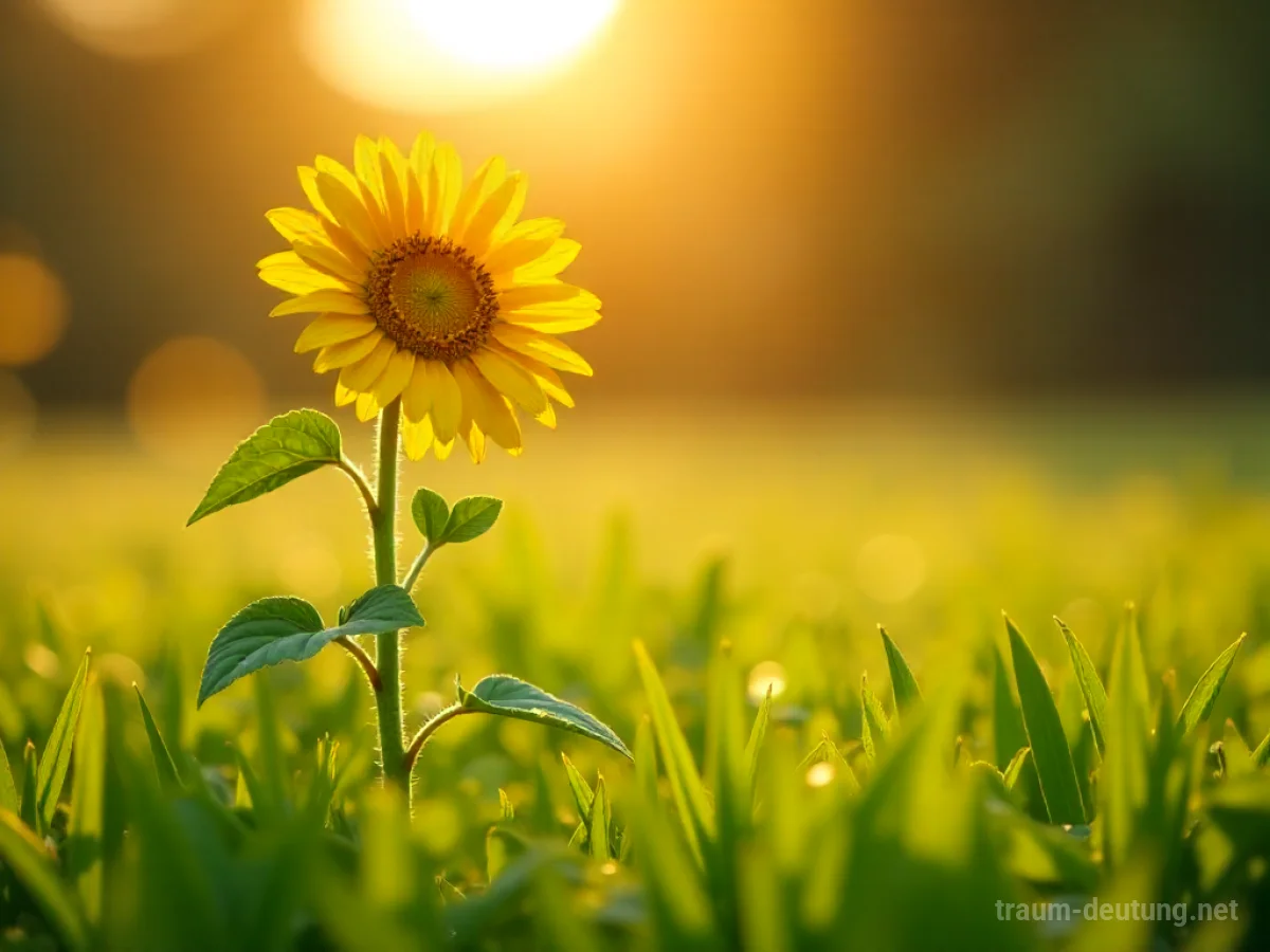 Traumsymbol Sonntag: Eine goldene Sonne scheint auf eine einsame Sonnenblume auf einer taufrischen Wiese, die eine friedliche und kontemplative Atmosphäre ausstrahlt.