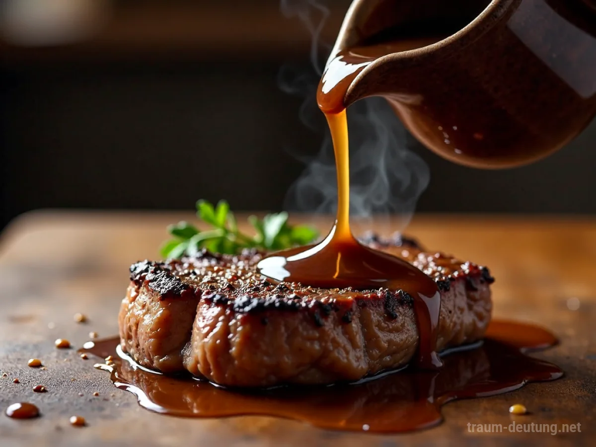 Traumdeutung Soße: Eine dunkle, glänzende Soße fließt langsam aus einem Krug auf ein dampfendes Steak auf einem Holztisch, beleuchtet von warmem, diffusen Licht.