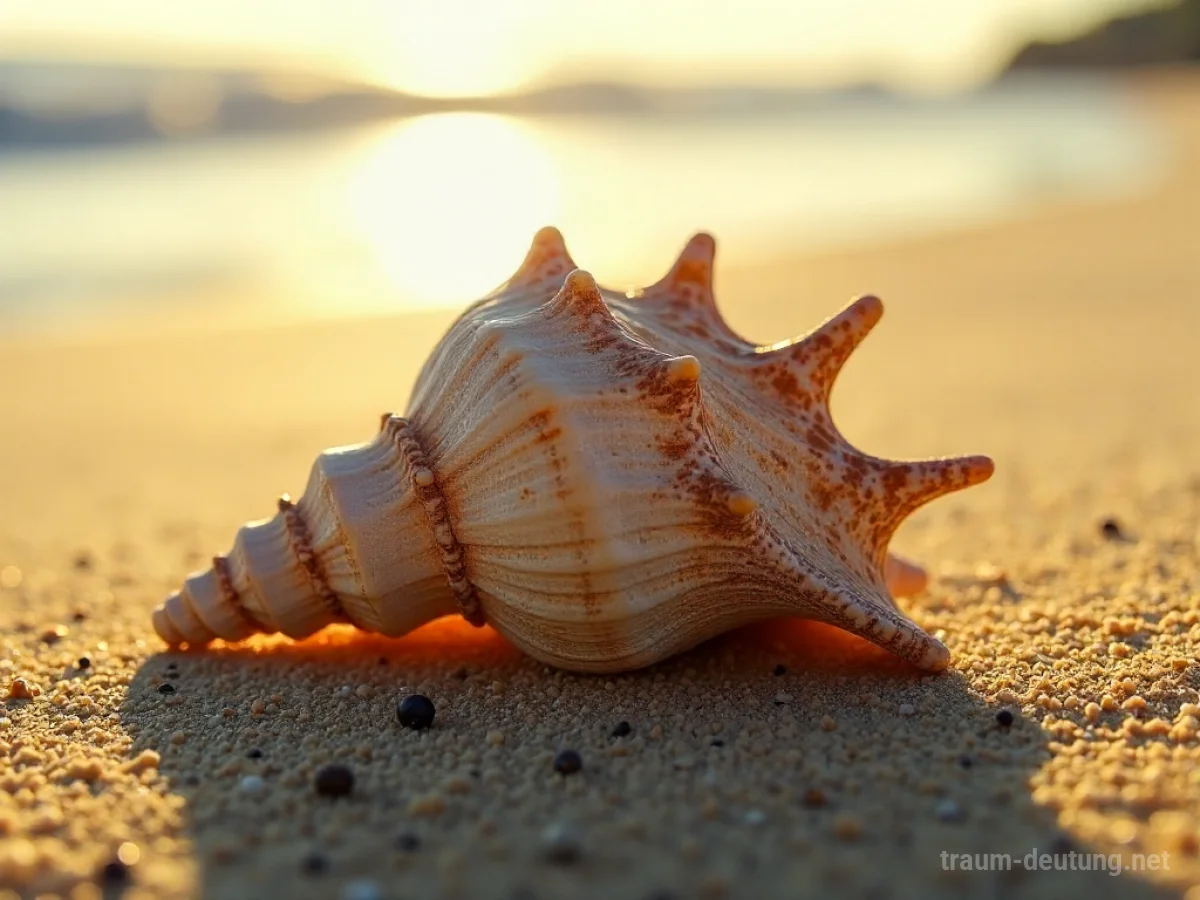 Traumsymbol Souvenir: Eine verwitterte, vintage Muschel liegt auf sandigem Strand, beleuchtet von warmem Sonnenlicht, das nostalgische Gefühle weckt.