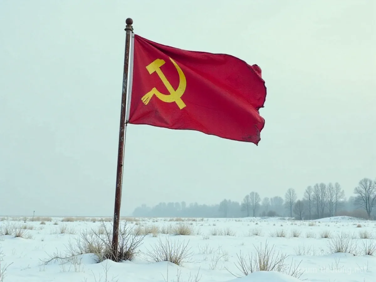 Traumdeutung Sowjet: Eine verwitterte sowjetische Fahne mit Hammer und Sichel hängt an einem rostigen Fahnenmast in einer trostlosen, schneebedeckten Landschaft unter einem grauen Himmel.