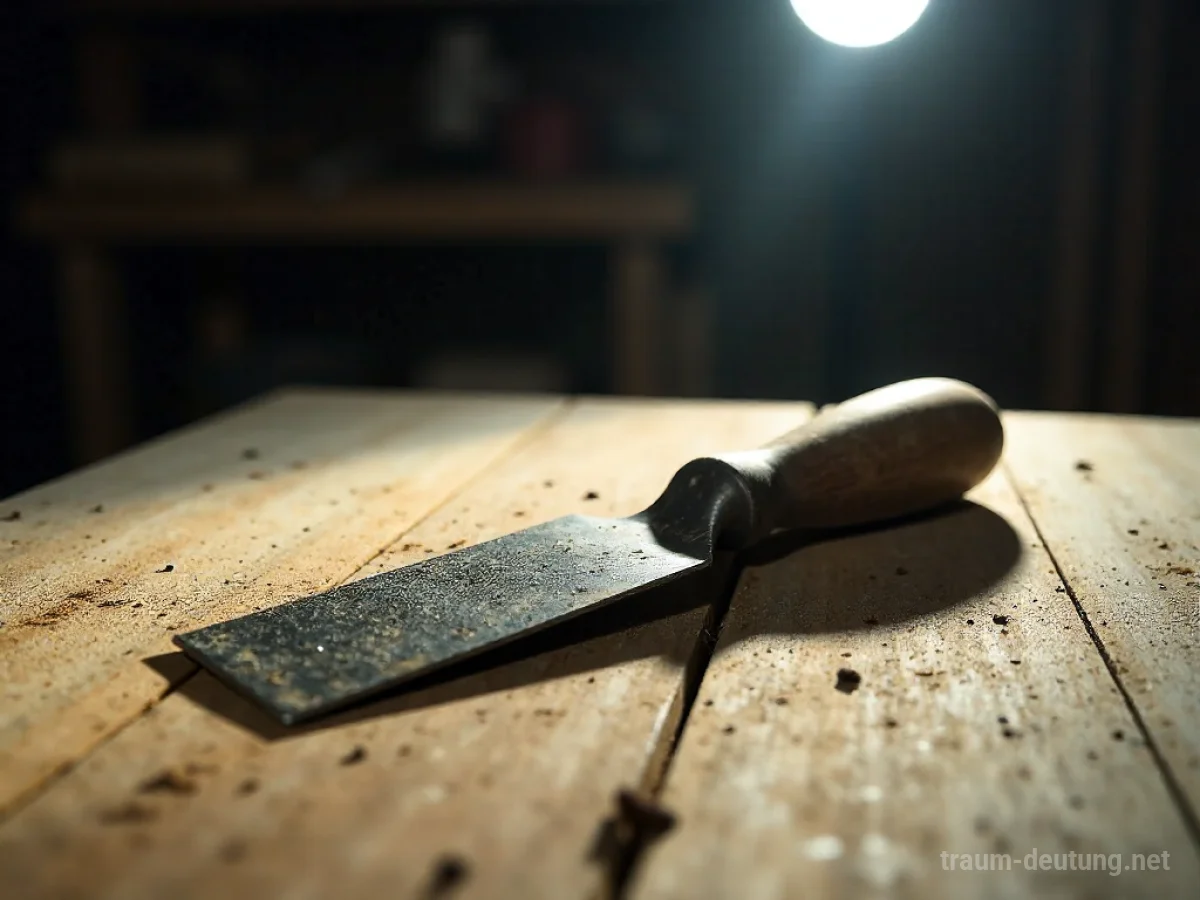 Traumdeutung Spachtel: Ein verwittertes Metall-Spachtel liegt auf einer groben Holzoberfläche, beleuchtet von einer einzelnen, harten Lampe.