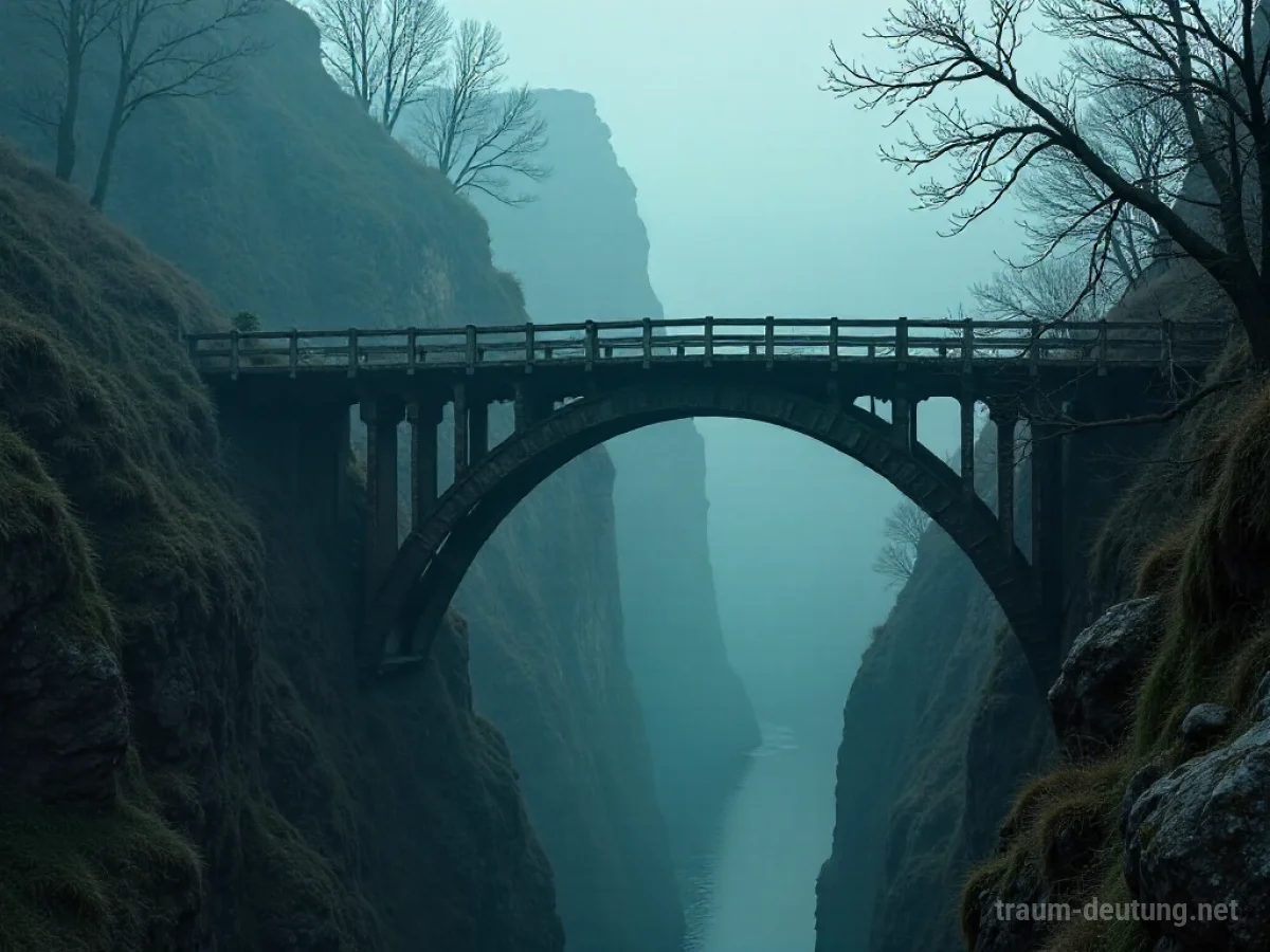 Traumsymbol Span: Eine alte, bemooste Holzbrücke spannt sich über einen nebligen Abgrund im Mondlicht.