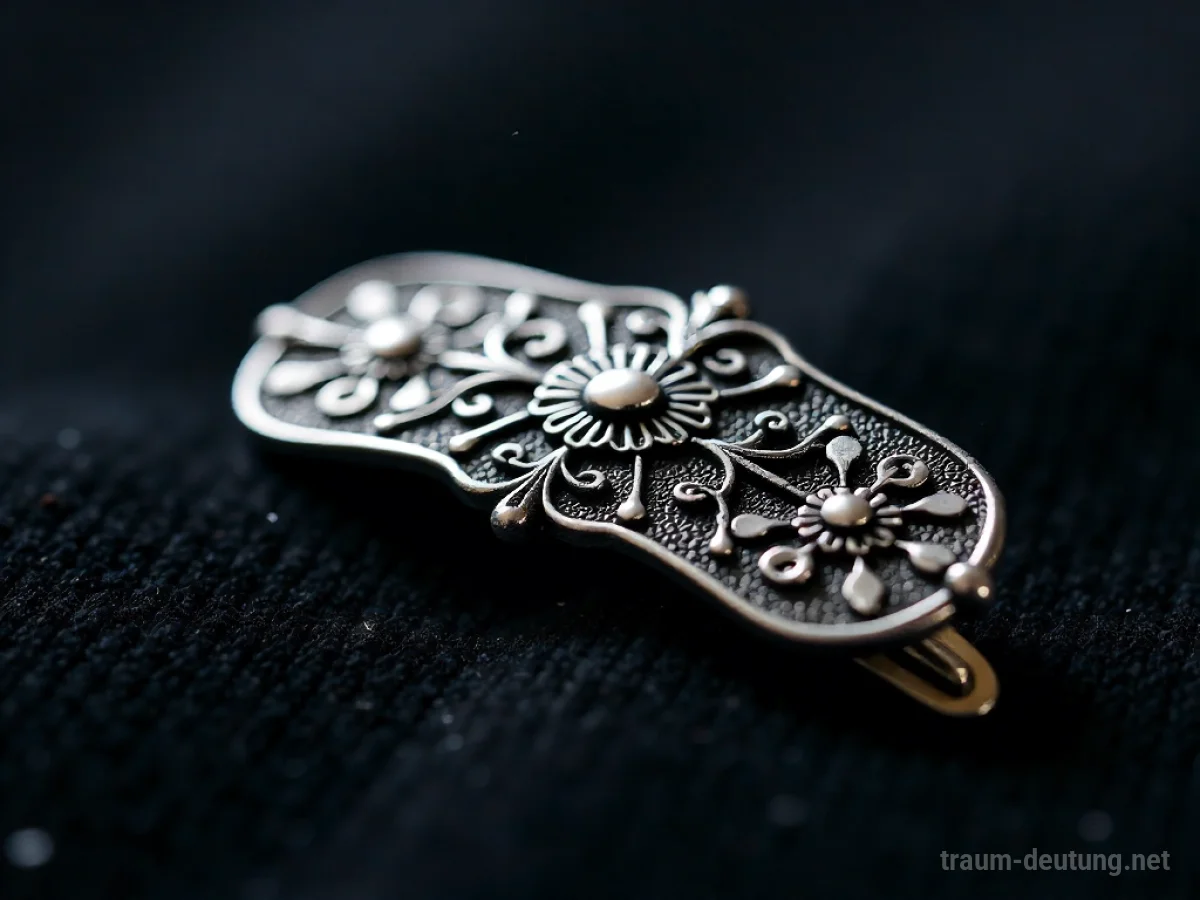 Traumsymbol Spange: Eine antike silberne Haarspange mit floralen Gravuren liegt auf dunklem Samt, beleuchtet von weichem Licht.