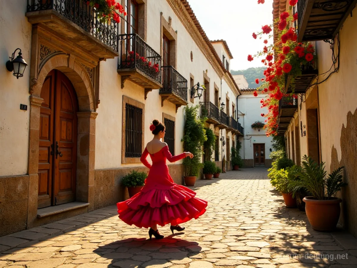 Traumsymbol Spanien: Eine Flamenco-Tänzerin in einem roten Kleid wirbelt auf einem sonnenbeschienenen, kopfsteingepflasterten Platz in Spanien.