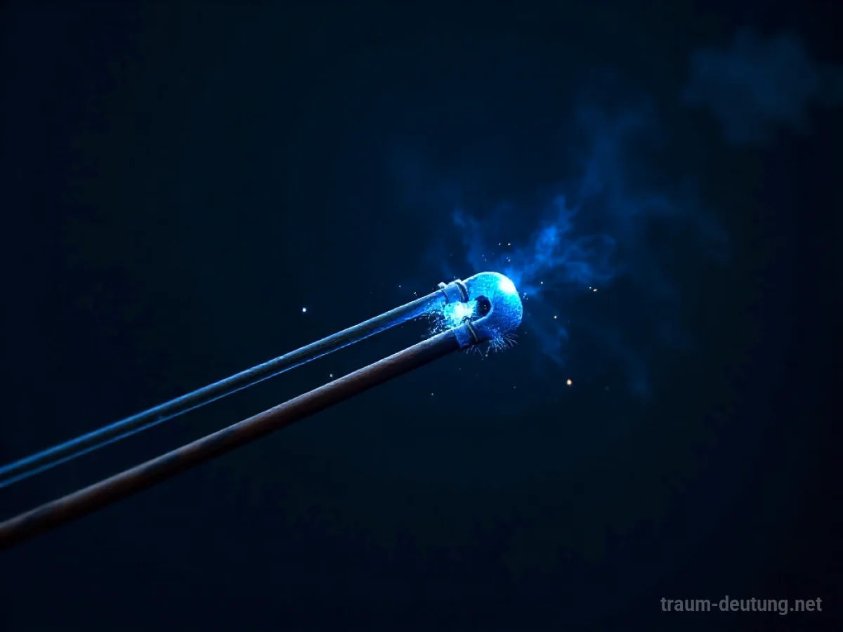 Traumsymbol Spannung: Eine straff gespannte, vibrierende Violinsaite leuchtet mit bläulichem Licht vor dunklem Hintergrund.