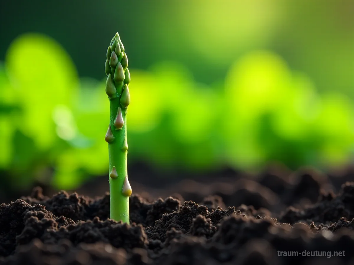 Traumsymbol Spargel: Ein einzelner grüner Spargel wächst aus dunkler Erde, bedeckt mit Tautropfen, im sanften Morgenlicht eines Gartens.