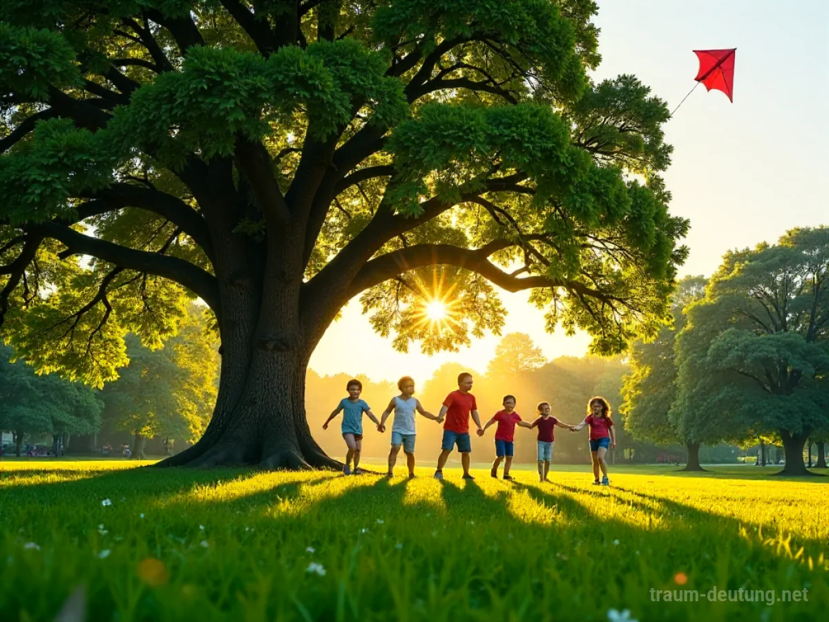 Traumsymbol Spaß: Kinder lachen und spielen ausgelassen im goldenen Licht eines sonnigen Parks unter einem alten Baum.