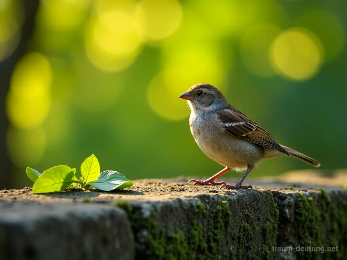 Traumsymbol Spatz: Ein einzelner Hausspatz sitzt auf einer moosbewachsenen Steinmauer im sanften Morgengold.