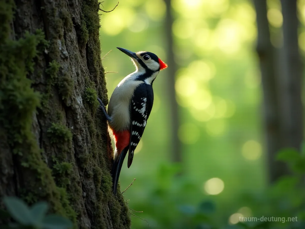 Traumsymbol Specht: Ein Buntspecht sitzt auf einem moosbewachsenen Baumstamm in einem dichten Wald, sein Schnabel ist zum Klopfen bereit.