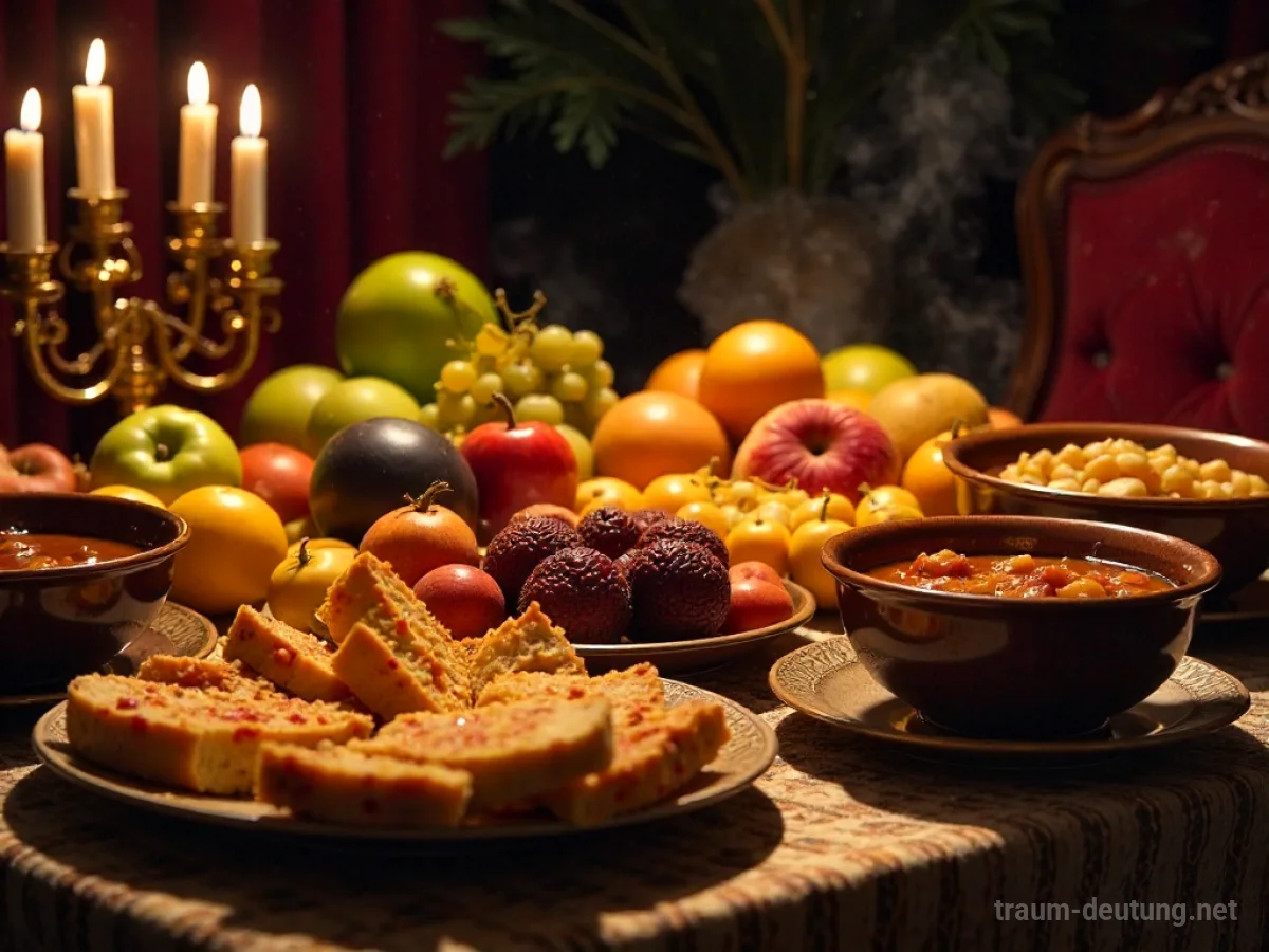Traumsymbol Speise: Ein reich gedeckter Tisch mit exotischen Früchten, goldenem Brot und dampfenden Schüsseln, beleuchtet von warmem Kerzenlicht.