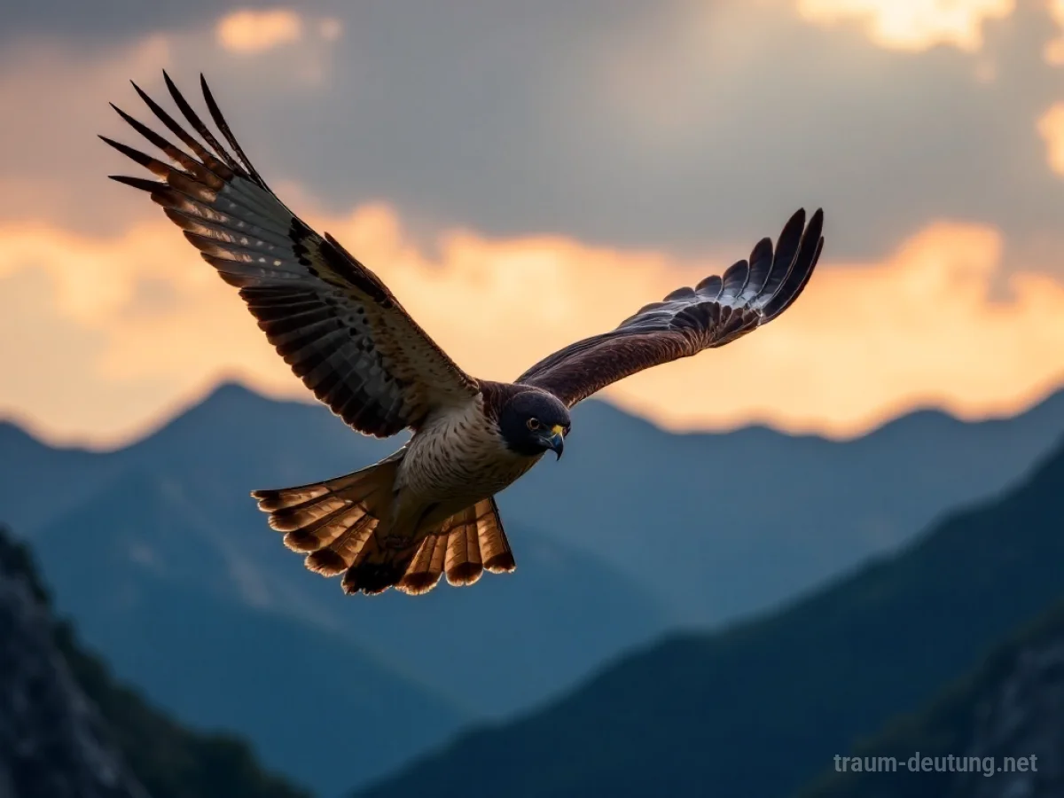 Traumsymbol Sperber: Ein majestätischer Sperber fliegt entschlossen durch einen dramatischen Abendhimmel über bergiger Landschaft, seine Augen sind scharf fokussiert.