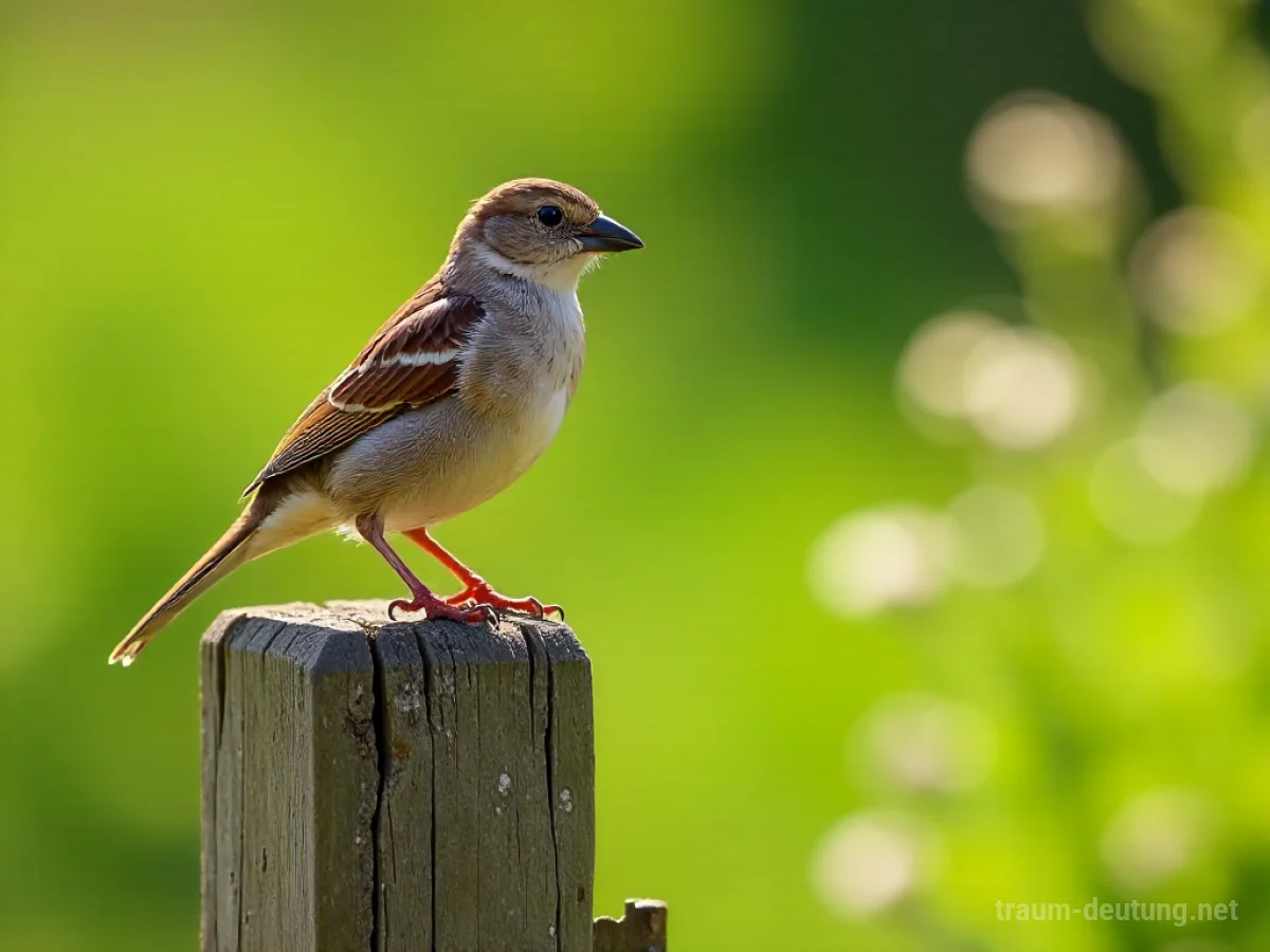 Traumsymbol Sperling: Ein gewöhnlicher Spatz sitzt auf einem wettergegerbten Holzzaunpfahl in einem sonnenbeschienenen Garten.