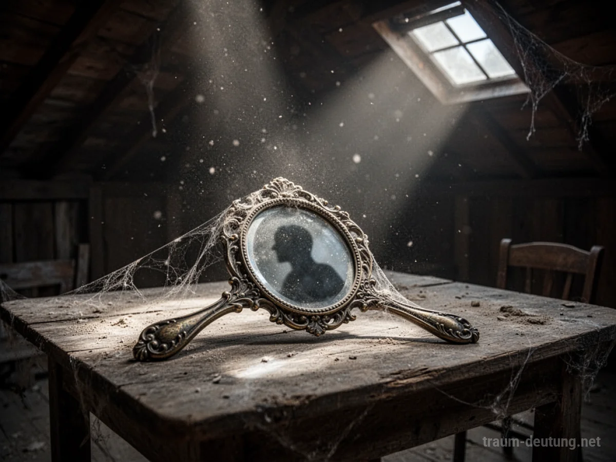 Traumdeutung Spiegel: Ein antiker Handspiegel liegt auf einem staubigen Holztisch in einem mondbeschienenen Dachboden und reflektiert eine dunkle Silhouette.